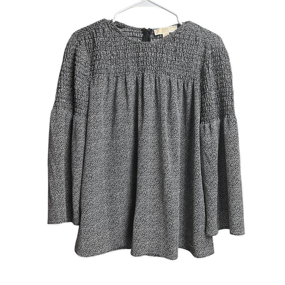 Michael Kors Smocked Peasant Blouse Size XS Pullover Zip Back Black White